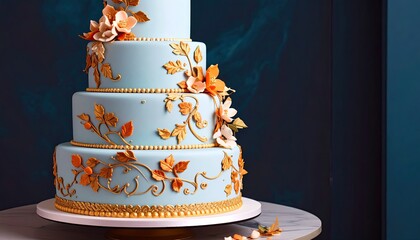 A tiered wedding cake, light teal blue icing, adorned with intricate gold leaf decorations, and pastel orange and peach flowers