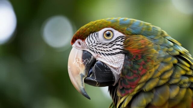 Close-up of a vibrant parrot's head, showcasing a hooked beak, detailed plumage of greens, yellows, blues, and reds, and a focused eye against a soft, blurred background