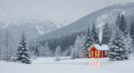 Naklejka premium A Fairytale Christmas Cottage in a Snowy Valley.