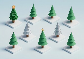 Fototapeta premium Collection of miniature christmas trees on a light background with shadows