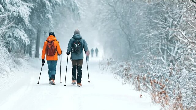 People hike in a snowy forest seen from behind Two hikers in front use poles The scene has a winter outdoor adventure vibe