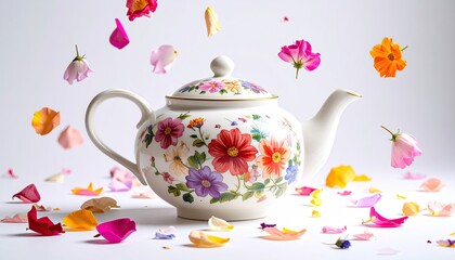 A decorative teapot surrounded by floating flower petals