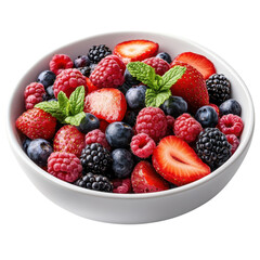 Obraz premium Bowl of fresh mixed berries with mint leaves isolated on Transparent Background