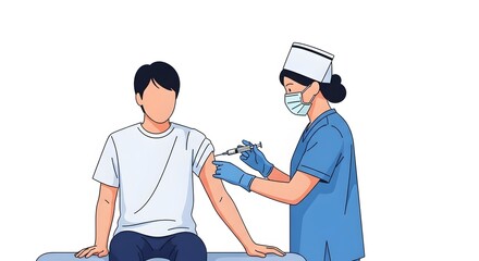 A healthcare worker wearing a mask and gloves administers a vaccine to a patient sitting on a bench.