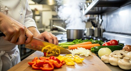 Chef's hands precisely slicing a yellow bell pepper on a wooden cutting board with other fresh vegetables in a clean kitchen environment, healthy meal prep.