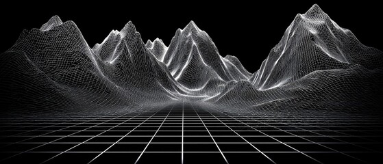 Abstract digital landscape of mountains, gridded foreground