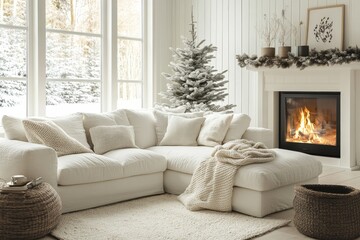 Fototapeta premium White corner sofa near fireplace. Scandinavian home interior design of modern living room, Generative AI