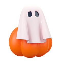 A playful ghost dressed in a white sheet sits atop a vibrant orange pumpkin.