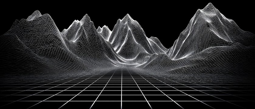 Abstract digital landscape of mountains, gridded foreground