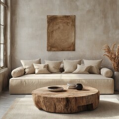 Rustic coffee table and beige sofa. Japandi, boho style home interior design of modern living room, Generative AI