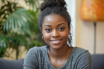Portrait of a young African American woman sitting at home with a headset, holding a tablet, smiling and engaging directly with the camera during a video call, Generative AI