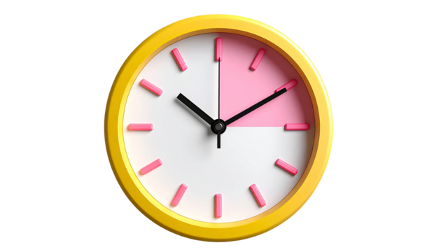 desk clock with yellow and pink color combination, round shape, isolated on transparent background, PNG format.
- Powered by Adobe