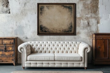 Rustic cabinet near white tufted sofa against concrete wall with art poster. Minimalist, loft, urban home interior design of modern living room, Generative AI