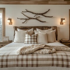 Rustic wooden branch wall decor over bed with white pillos and beige plaid. Farmhouse, country interior design of modern bedroom, Generative AI