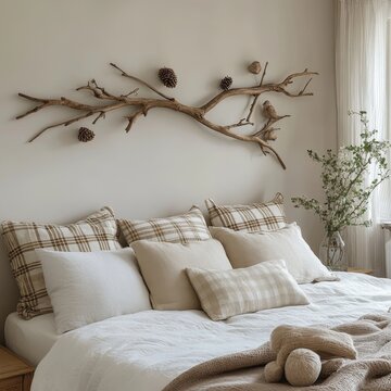 Rustic wooden branch wall decor over bed with white pillos and beige plaid. Farmhouse, country interior design of modern bedroom, Generative AI