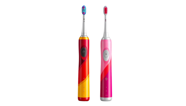 Realistic electric toothbrush with red, pink, and yellow color blend, sleek beautiful design, isolated on transparent background, PNG format.
