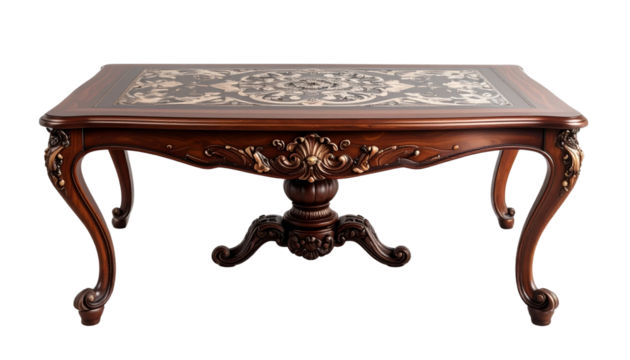 Realistic coffee table with beautiful decorative design, polished surface, isolated on transparent background, PNG format.
