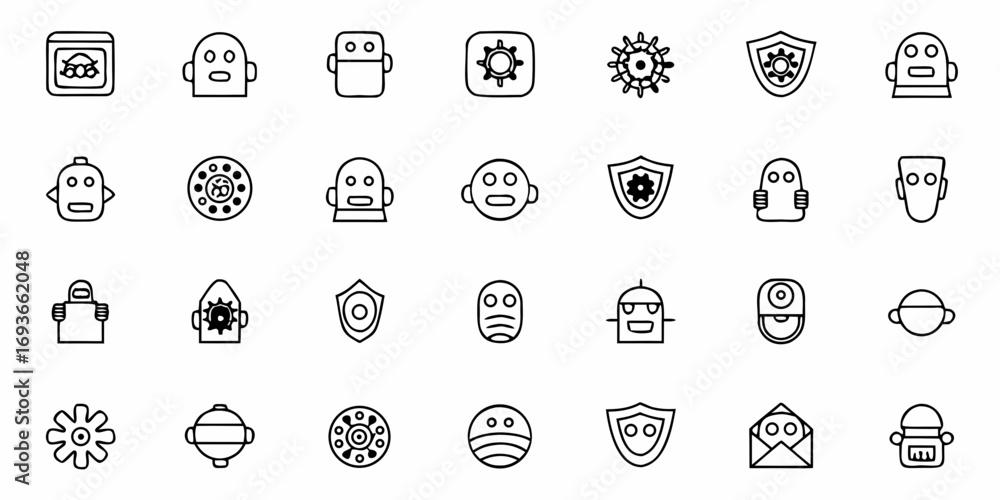 Poster diverse robot icons and machine elements conveying technology, ai, and innovation concepts for digit