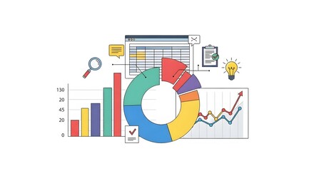 A colorful illustration showing data analysis with bar graphs, pie charts, line graphs, a magnifying glass, and a lightbulb, representing business insights.