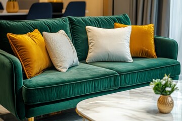 Green velvet sofa and marble coffee table. Art deco home interior design of modern living room, Generative AI