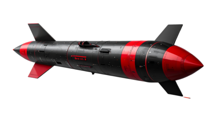 Realistic missile with red and black color scheme, sleek design, isolated on transparent background, PNG format.
