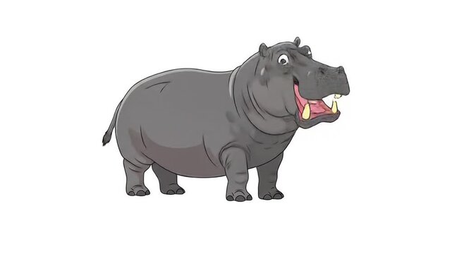 Happy hippopotamus standing with its mouth open, showcasing its teeth on a white surface, creating a playful and cheerful atmosphere.