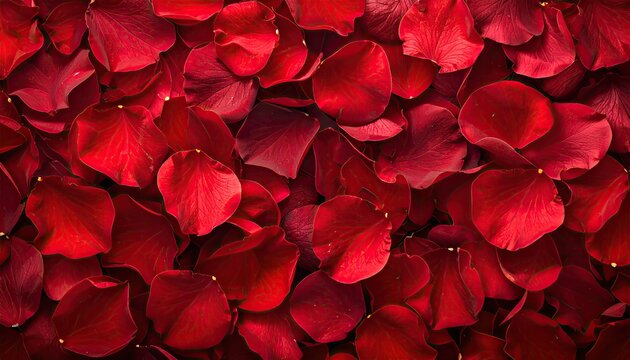A close-up view of many vibrant red rose petals