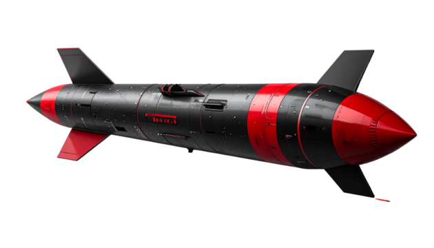 Realistic missile with red and black color scheme, sleek design, isolated on transparent background, PNG format.
- Powered by Adobe