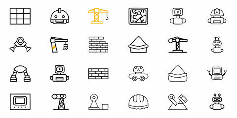 Modern construction and technology icons featuring robots, cranes, helmets, and building materials