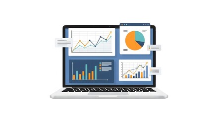 Laptop displaying a business analytics dashboard with various colorful charts, graphs, and data visualizations on its screen.