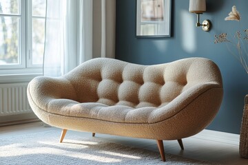 Sofa against blue wall. Scandinavian home interior design of modern living room, Generative AI