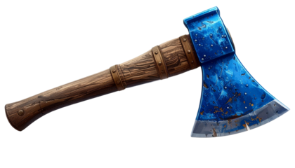  axe with blue blade and sturdy handle, isolated on transparent background, PNG format.
