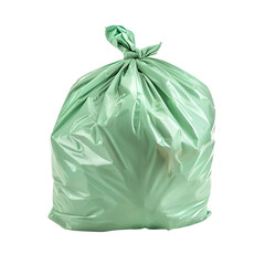 Full green plastic garbage bag tied and isolated on white  

