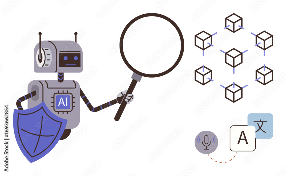 Poster robot holding magnifying glass with shield labeled ai, examining blockchain cubes and translation ic