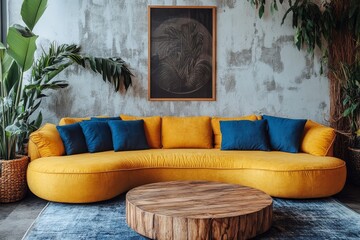 Yellow curved sofa with blue cushions and round rustic wood coffee table against stucco wall with poster. Boho home interior design of modern living room, Generative AI