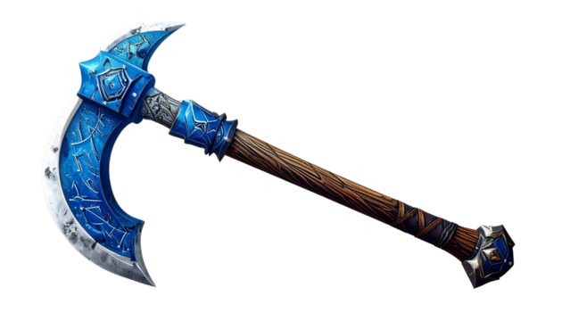  battle axe with blue and white blade, isolated on transparent background, PNG format.
 - Powered by Adobe