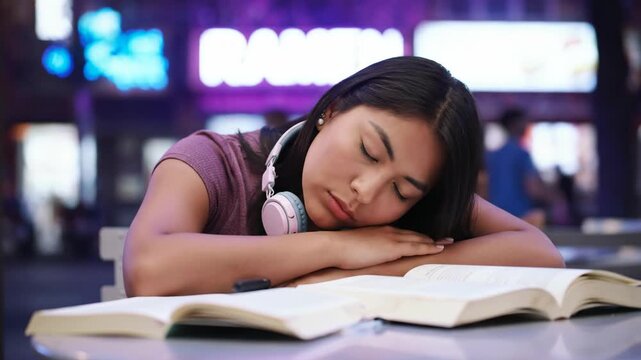 Tired student sleeps at table with open book, headphones. Exhausted studying, education. - Powered by Adobe