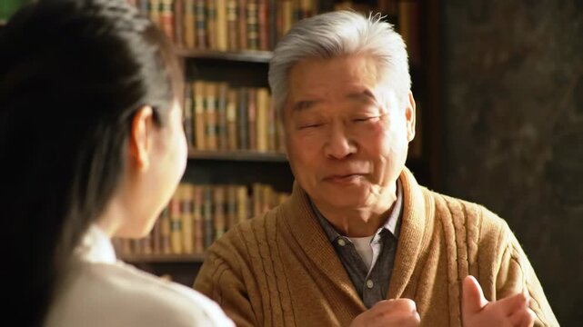 Senior Asian man and woman talking in library, people having conversation, communication concept with bookshelves in background