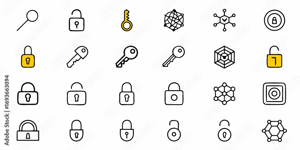 Poster unlock your ideas with these secure lock and key icons, perfect for business and tech concepts.