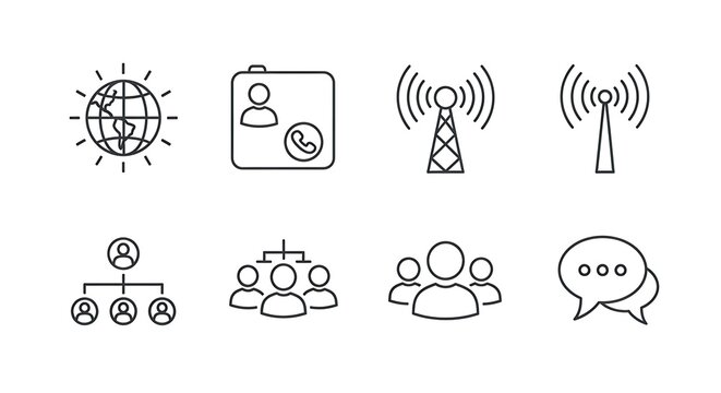 A collection of outline icons representing global communication, contact, and teamwork.
