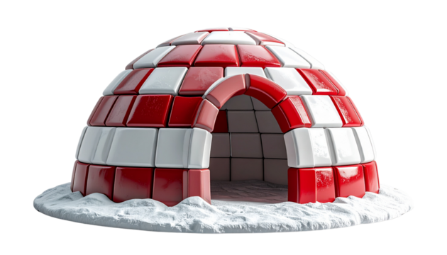  igloo with red and white block design, dome shape, isolated on transparent background, PNG format.
