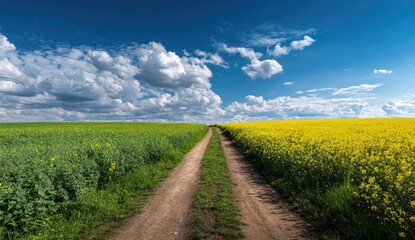 Country road through vibrant fields under a partly cloudy sky (1)