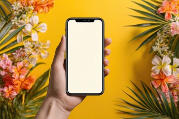 Hand holding a smartphone against a vibrant yellow background framed by tropical flowers and leaves