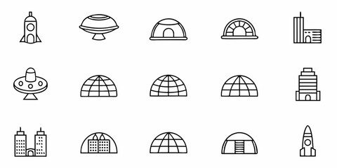 Explore futuristic structures, spaceships, and urban designs with this modern icon set for innovative projects