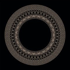 Vector golden classic greek round ornament on black background. Circle of ancient Greece and Roman Empire. Decoration of European palaces. Vintage vector frame with arabesques. Palmette. EPS