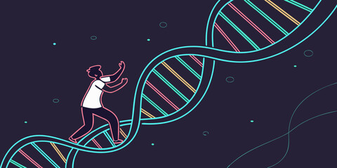 Man climbing vibrant DNA helix symbolizing scientific discovery and personal growth journey