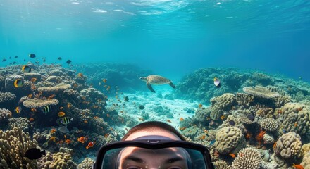 Vibrant underwater view of a diverse coral reef ecosystem with colorful fish and a sea turtle.
