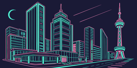 Dynamic neon city skyline at night with modern skyscrapers and iconic tower structure