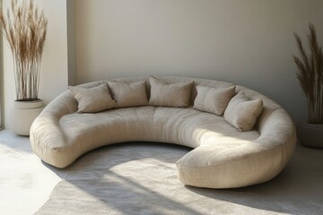 Puffy curved sofa in spacious room. Minimalist home interior design of modern living room, Generative AI