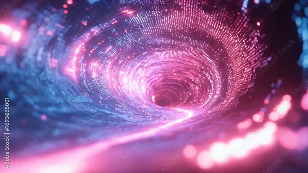 Poster abstract, glowing vortex tunnel with a bright central path and a bokeh effect